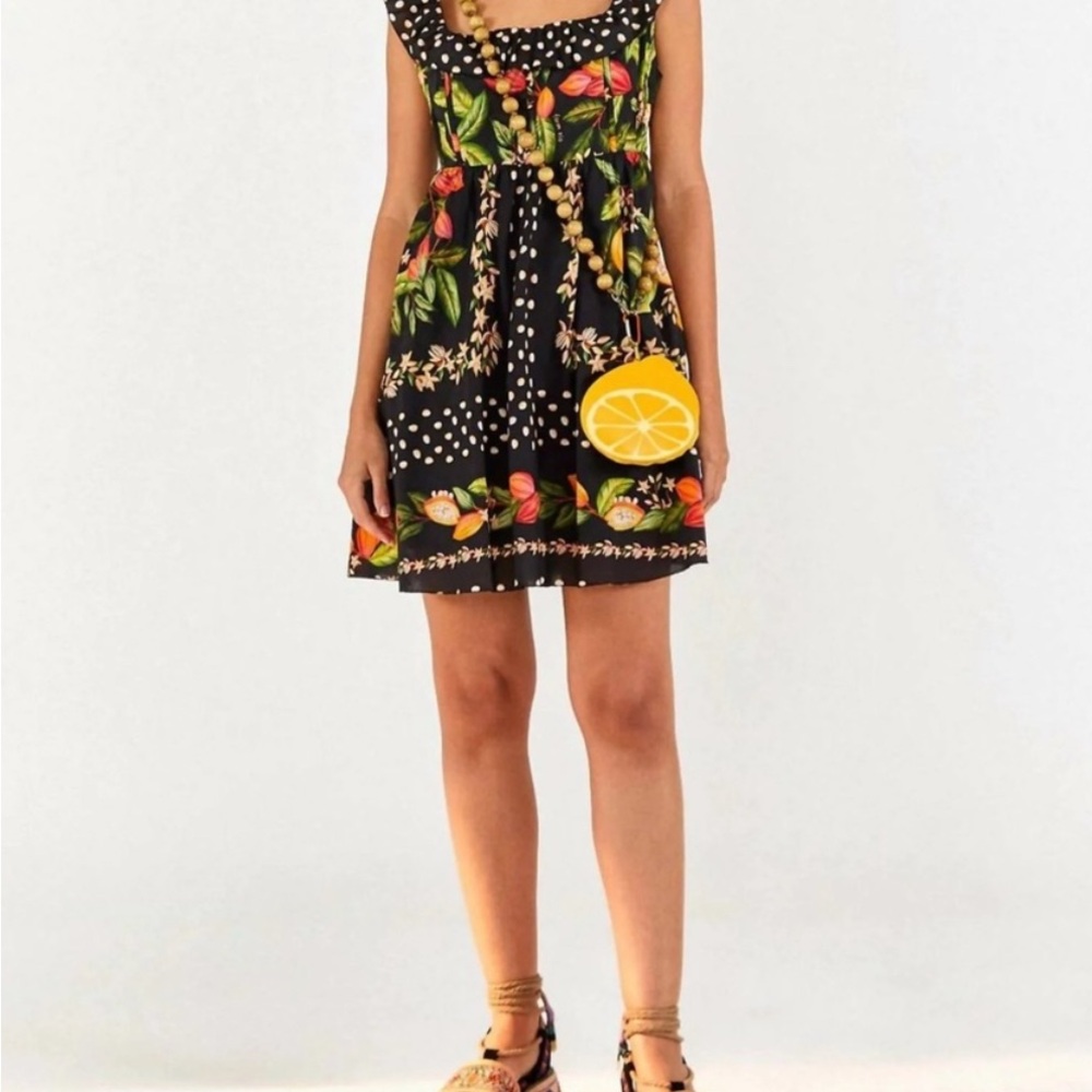 FARM Rio Black Mini Dress with Green Leaves and Orange Fruit Print